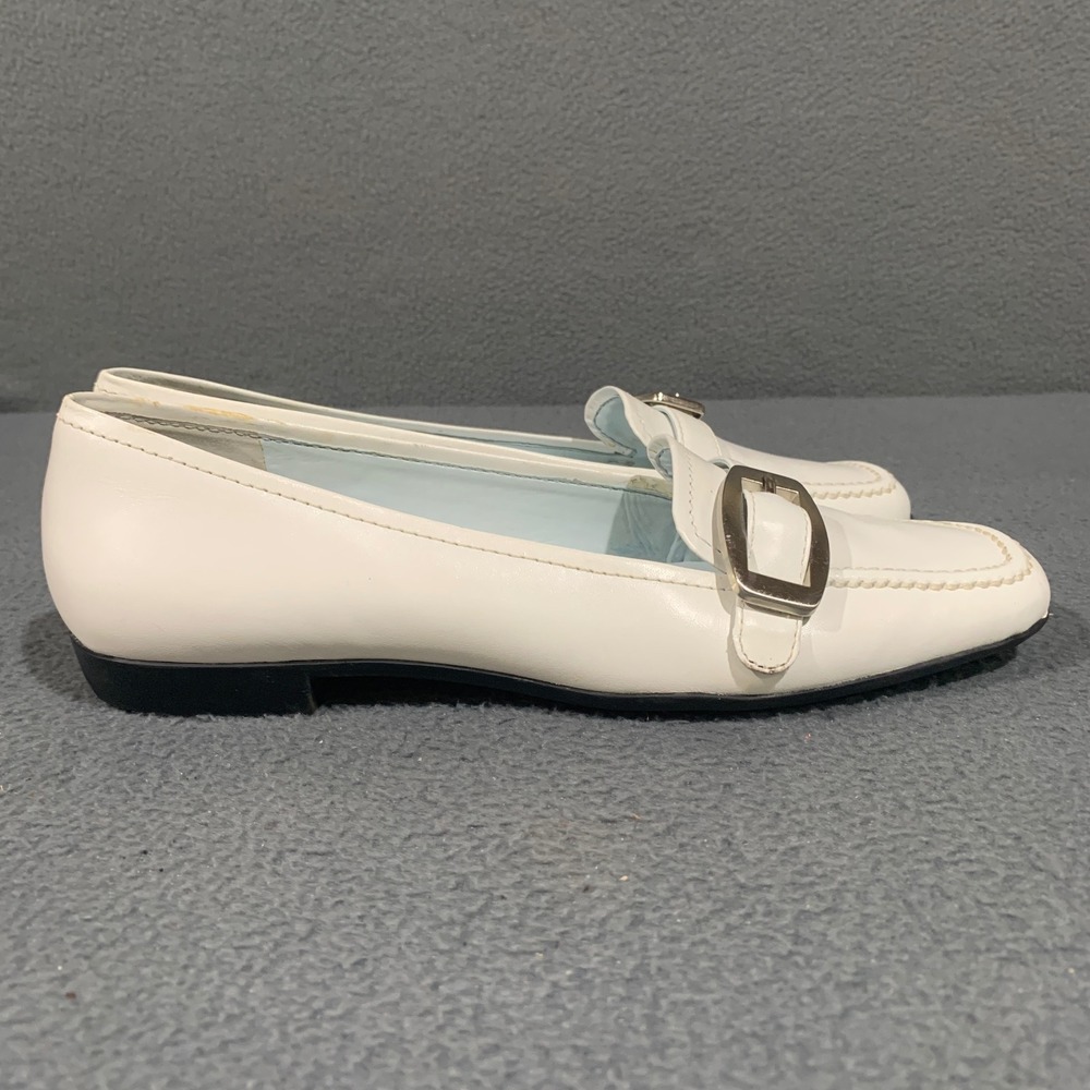 Michelle D Loafers Womens White Leather Square Toe Buckle Slip On Flat Shoes